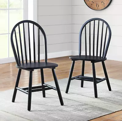 Set Of 2 Windsor Dining Chairs Black Finish Wood High Back Kitchen Furniture • $149.97