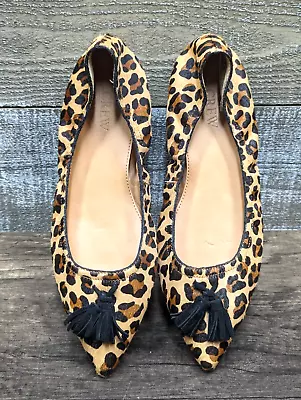 J Crew Pointed Toe Slingback Flats Leopard Calf Hair W Tassels Womens Sz 7 • $27.29