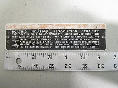 Vintage Capacity Plate For Glastron V-178 Boat BIA And OBC Of America • $24.99