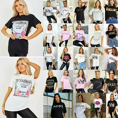 £10.70 • Buy Women's Ladies Short Sleeve Slogan Printed Summer Tee T-shirts Tops New UK 8-16