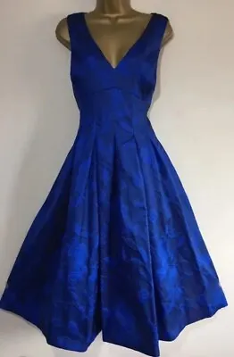 Gorgeous Coast Cobalt Blue Jacquard Fit Flare Occasion Midi Dress Size 16 • £69