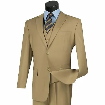 VINCI Men's Khaki 3 Piece 2 Button Classic Fit Suit NEW W/ Matching Vest • $125