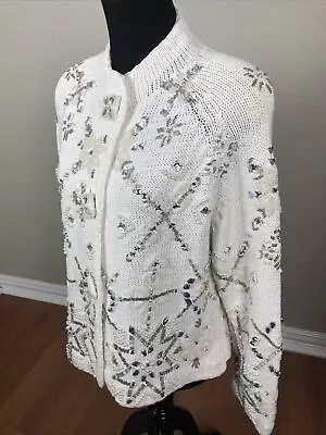 Michael Simon OS 46  SNOWFLAKE Button Sweater Pearl Rhinestone Silver White RARE • $150