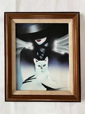 Vtg Original Abstract Painting Lady And Cat (Beauty And The Beast) Signed Framed • $49