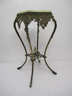 Antique Victorian Art Nouveau Cast Brass Fern Plant Table Pedestal Marble Top • $749.95