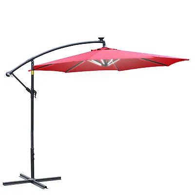 Outsunny 3(m) LED Patio Banana Umbrella Cantilever Parasol W/ Crank Red • £79.99