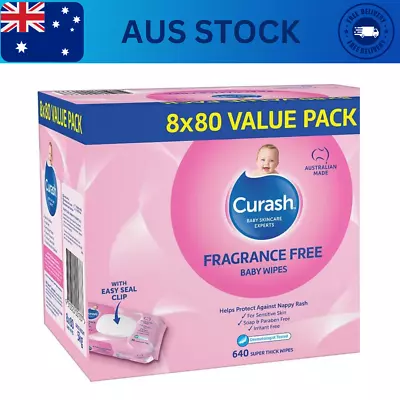 Curash Fragrance Free Baby Wipes 640 Wipes (8 X 80 Pack) • $29.75