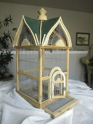 Wooden Bird Cage Green Metal Cathedral Dome Ceiling Vintage Wood House • $200