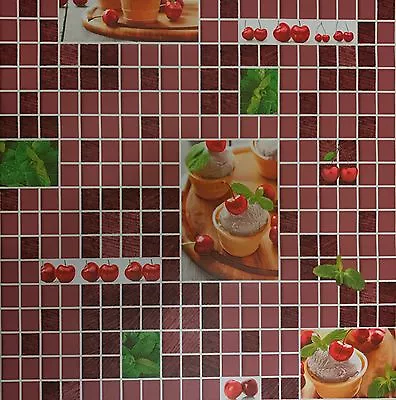 Vinyl Wallpaper Wallcoverings Textured Mosaic Kitchen Cherry Red Burgundy Tiles • $2.96