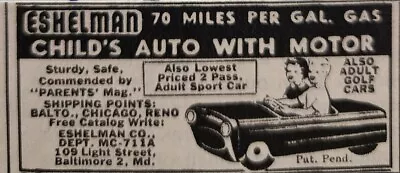 Eshelman Child's Auto With Moto And Adult Gold Cars Vintage Print Ad 1955 • $10.77