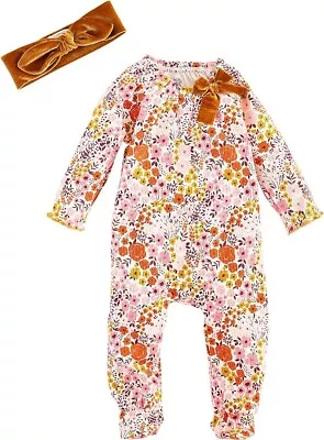 New Mud Pie Baby Girl Sleeper Footed & Headband 0-3  Mos FALL FLORAL Multicolor • $39