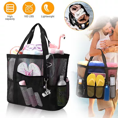Women Large Mesh Pocket Beach Bag Swimming Tote Foldable Shopping Zipper Handbag • $12.48