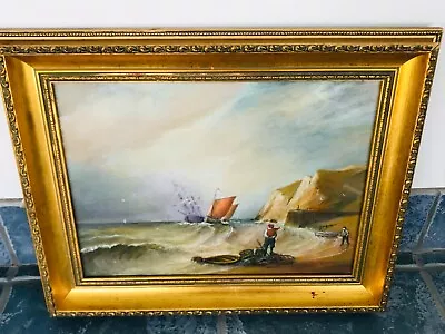 Galleon Ship Nautical Oil Painting In Gold Frame By H.bennett • £125