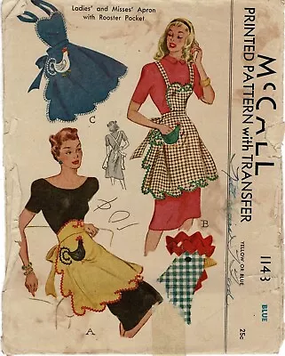 APRON Novelty ROOSTER Pocket BIB Or Waist McCall 1143 Vtg 1944 CRAFT Sew Pattern • $6.50