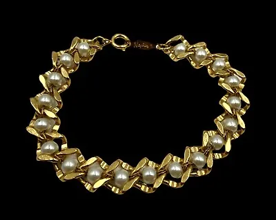 Vtg Sign Napier Braided Chain Pearl Style Bracelet Gold Plated Jewelry 1960’s • $3.99