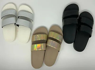 Victorias Secret PINK Double Strap Slides Sandals Shoes Iridescent White Black • $19.35