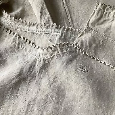 Lovely Antique French Linen Night Dressing Gown Peasant Smock Shirt Dress MA • $85