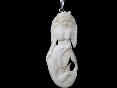 Siren Mermaid Dolphin Water Buffalo Bubalus Bubalis Bone 925 Pendant Necklace • $14.99