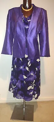 Jacques Vert Purple Black Ivory Dress & Jacket Mother Of The Bride Suit Size 16 • £64.99
