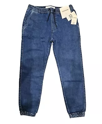 Mens Joggers Elasticated Waist Cuffed Leg Casual Denim Trouser Mid Blue Wash 32R • $8.83