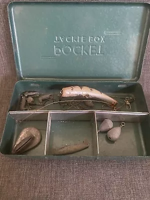 Pocket Tackle Box W/Misc Content 1950s Vintage Green Weights & Kautzky Lazy Ike • $14.99