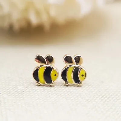 Dainty Bee BumbleBee Stud Earrings In 9ct Yellow Gold Children's Kids • £42