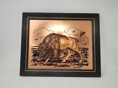 Vintage MCM 3D Copper Charging Buffalo Wall Art Framed Signed John Louw • $49.95