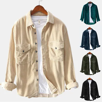 Men Corduroy Blouse Long Sleeve Shirt Coat Fall Tunic Tops Casual Button Up Tops • $23.51
