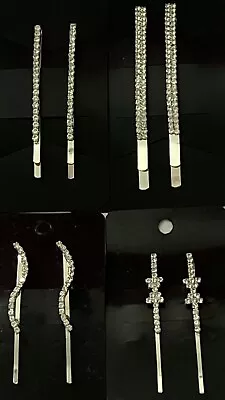 £3.69 • Buy Pair Of 2 Silver Crystal Diamante Barrette Hair Slide Grip Bobby Hair Pins NEW