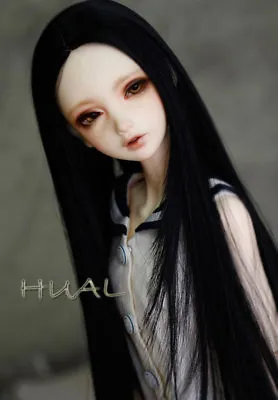 1/4 7-8  BJD Doll Wig Jet Black Straight Layers Buckle Curl Tips Hair Long YL-f1 • $23.22
