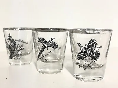 Vintage Federal Glass Sportsman Hunting Birds Shot Glass Barware Set Of 3  • $12