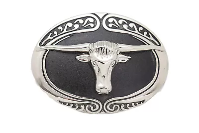 Men Western Cowboy Belt Buckle Silver Metal Bull Rodeo Long Horn Texas Cow Black • $15.99