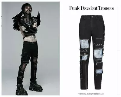 Punk Rave Men Punk Motocycle Streetwear Trousers Personality Slim Fit Hole Pants • $98.87