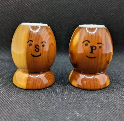 Vintage Two Tone Wood Salt Pepper Shakers Smiley Faces Iowa • $10