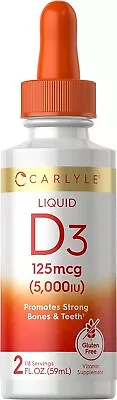 Liquid Vitamin D3 | 5000 IU (125 Mcg) Drops | 2 Fl Oz | Vegetarian | By Carlyle • $9.99