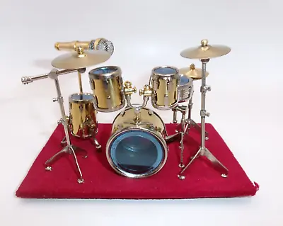 Dollhouse Miniature Drum Set With Mic And Seat Mounted On Red Velvet Gold Metal • $29.99