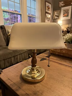 Bankers Lamp Wood Brass Accent White  Glass Shade Vintage Retro 1980’s • $48