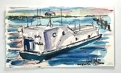 House Boat By Dock At Sunset Noel Skiba Miniature Watercolor Painting 3x6” Art • $60.72