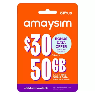 Amaysim $30 Starter Pack PrePaid SIM Card • $16.95