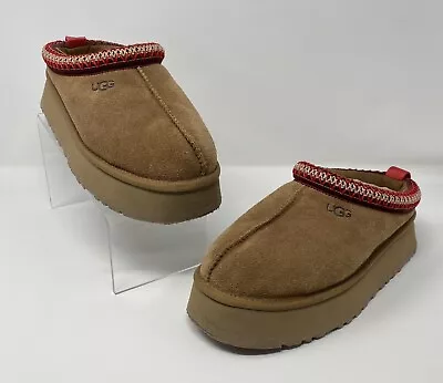 UGG Tazz Womens Size 8 Chestnut Brown Clogs Platform Suede Slippers Embossed • $89.99