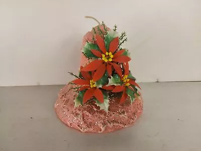 Vintage Bell Shaped Christmas Candle Plastic Poinsettias Glitter • $14.99