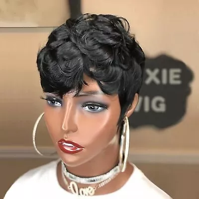 Black Pixie Cut Wig Short Pixie Wigs For Women Black Human Hair Curly Pixie Wigs • $21.61