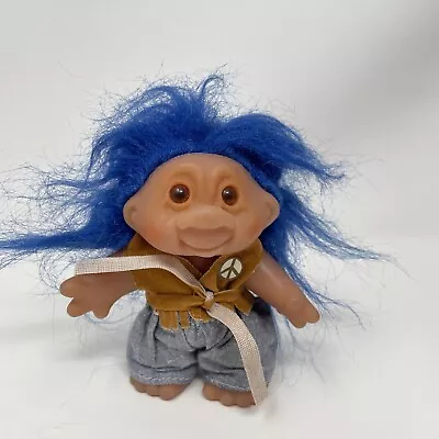 Vintage 1986 HIPPIE DAM TROLL Doll Blue Hair - Vest Jeans Peace Outfit • $18.99