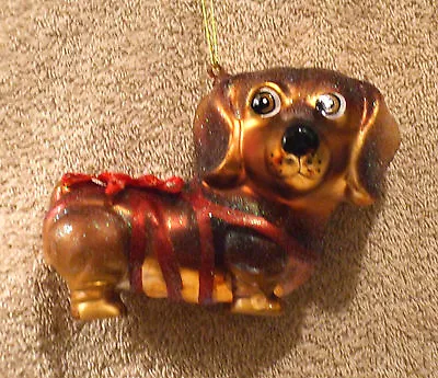 Glass & Resin Dachshund Tied Up W/Red Ribbon Christmas Ornament - NEW • $11.99