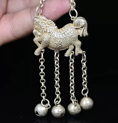 7CM Rare Old China Miao Silver Feng Shui Foo Dog Kylin Qilin Lucky Pendant Bell • $25