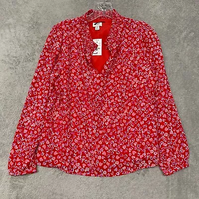 J Crew Top Womens Medium Petite Red Pink Hearts Ruffle Keyhole Pullover BV615 • $27