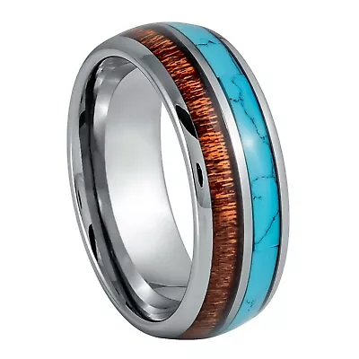 Silver Dome IP 8mm Men's Tungsten Carbide Ring Turquoise And Koa Wood Inlay • $59