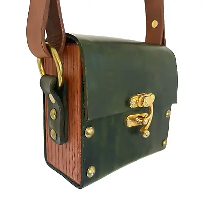 Unisex Leather Cross-body Purse Murse Leather Wood Olive Green Gold Buckle • $29.80