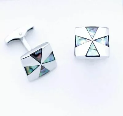 C0119 Cuff Links Cufflinks Triangle Maltese Cross Abalone Deep Sea Shell Silver • $10.20