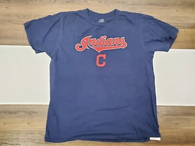 MLB Large Cleveland Indians Blue Shirt Baseball Spell Out Logo Short Sleeve Tee • $11.80